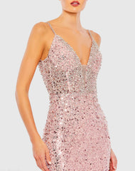 Pink Embellished Plunge Neck Sleeveless Trumpet Gown