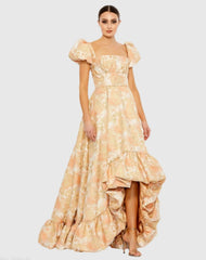 Orange Floral Print Puff Sleeve High Low Brocade Gown