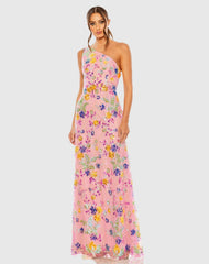 Multicolor One Shoulder Floral Sequin Lace Up Gown