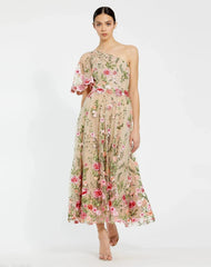 Pink One Shoulder Lace Embroidered Dress