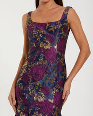 Navy Multicolor Sleeveless Brocade Trumpet Gown