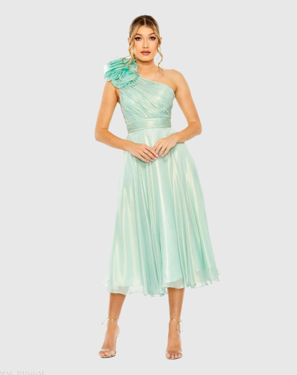 Green Rosette One Shoulder Tea Length Dress