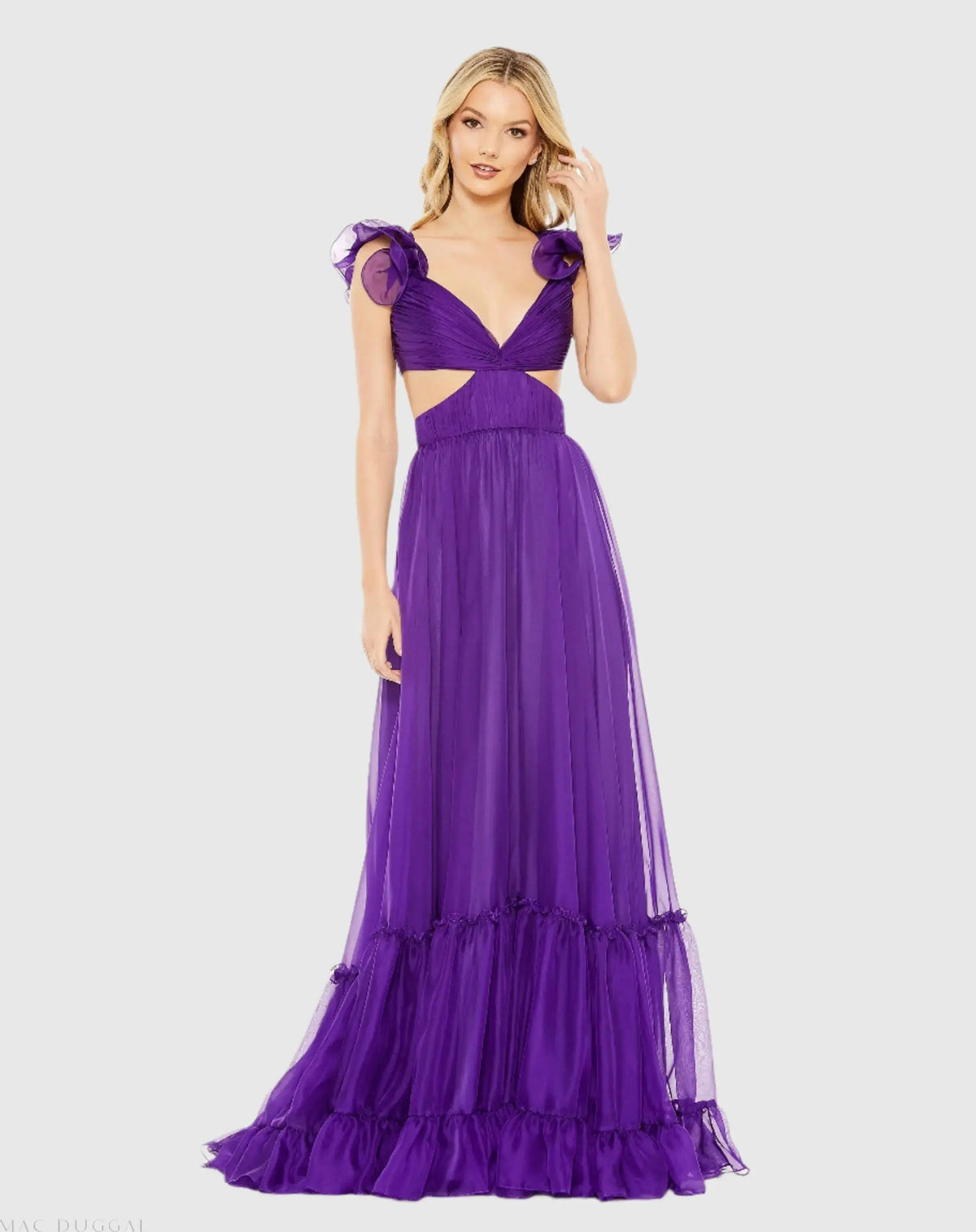 Ruched Ruffled Shoulder Cut Out Lace Up Gown