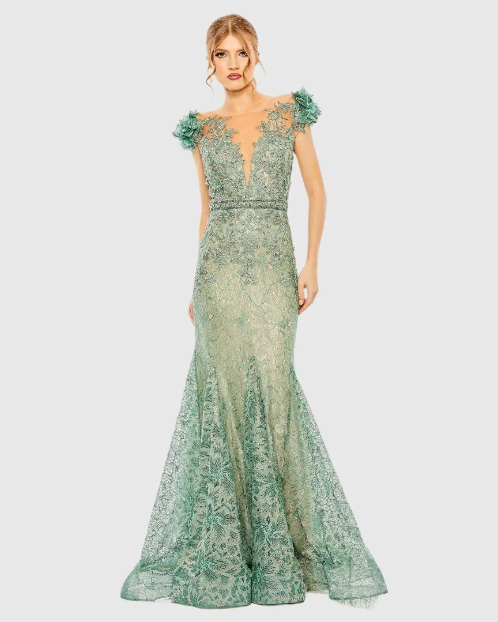 Embroidered Illusion Appliqued Bodice Trumpet Gown