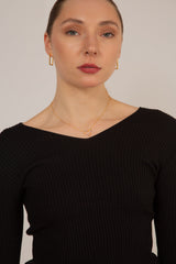 Black V-neck ribbed long sleeved knit top