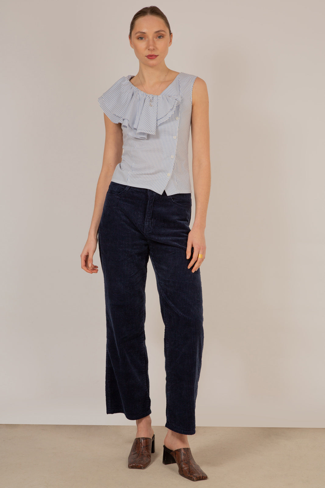 Blue and white striped asymmetric ruffle top