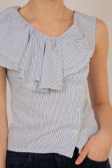 Blue and white striped asymmetric ruffle top