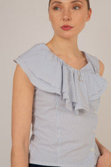 Blue and white striped asymmetric ruffle top