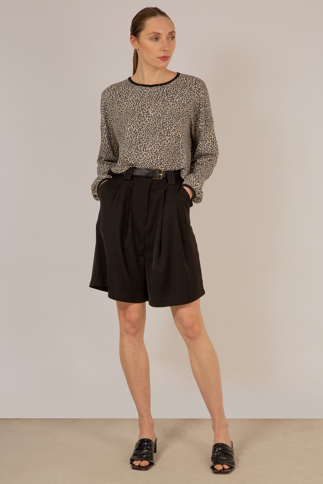 Ivory and black leopard print cropped long sleeved top