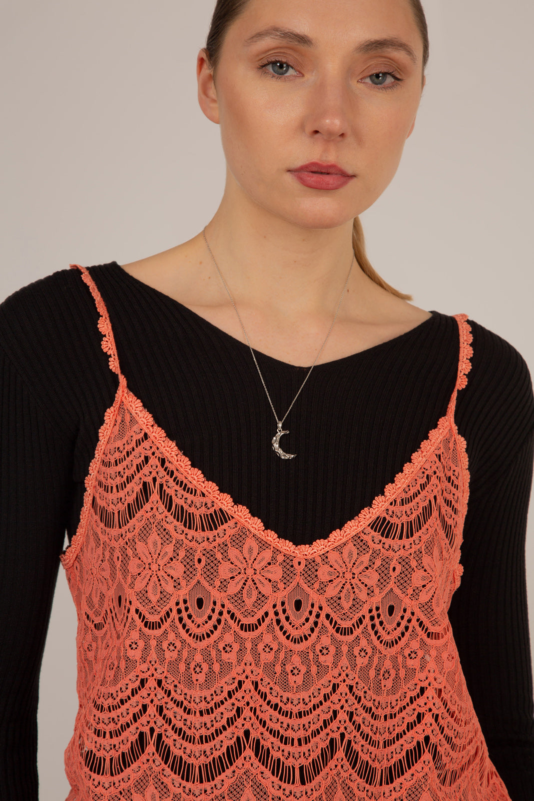 Coral lace spaghetti strap tank
