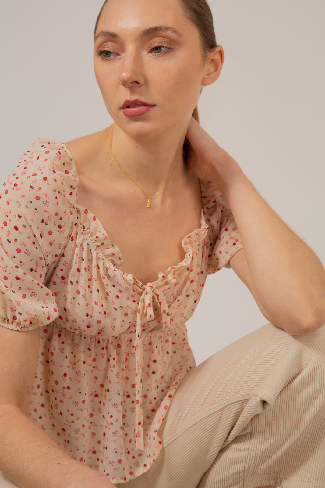 Ivory and pink floral semi sheer blouse