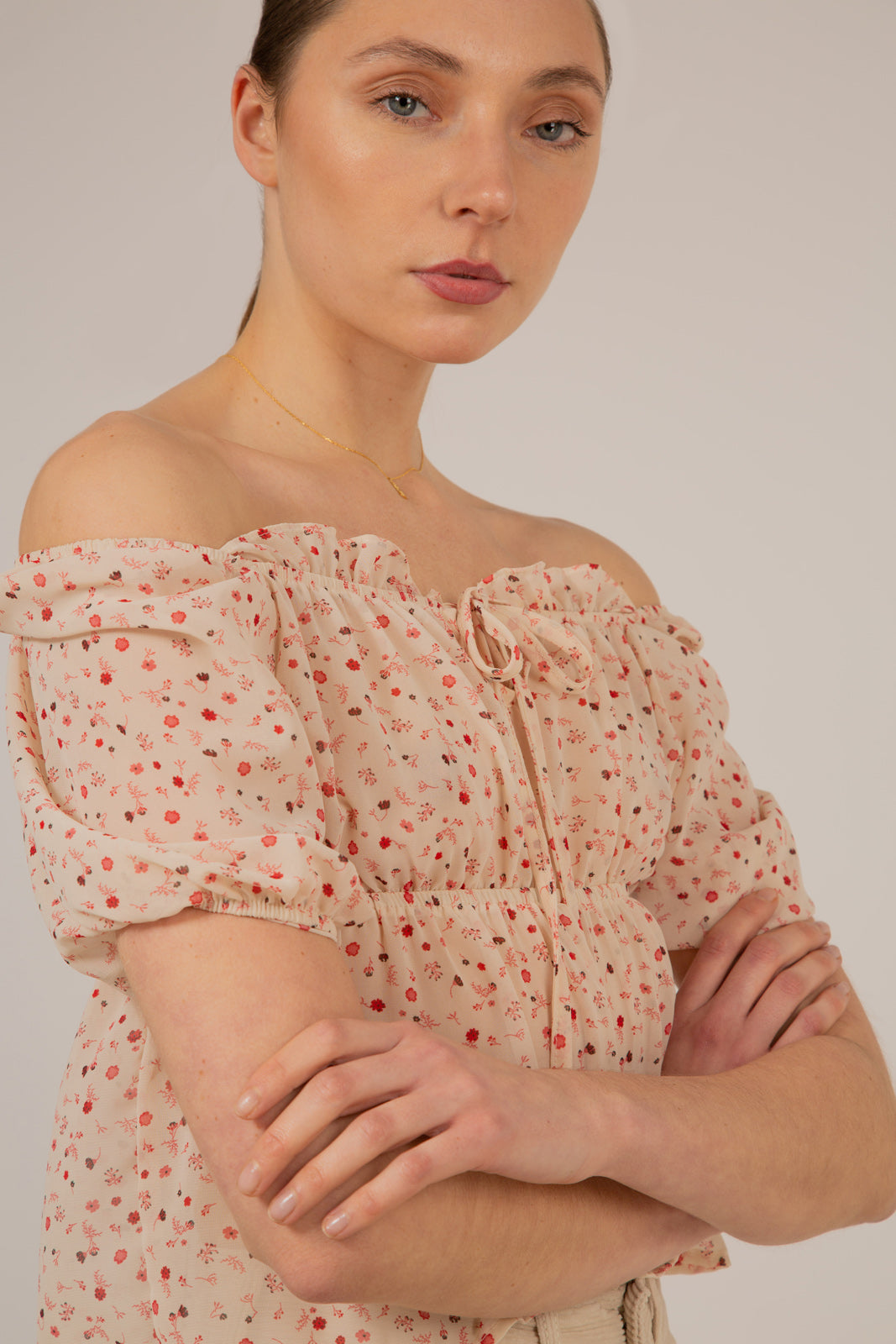 Ivory and pink floral semi sheer blouse