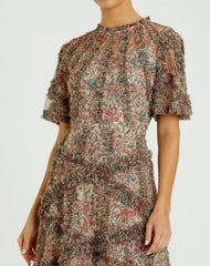 Beige Illusion Floral Midi Dress with Ruffle Detailing