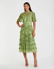 Green Illusion Floral Midi Dress with Ruffle Detailing