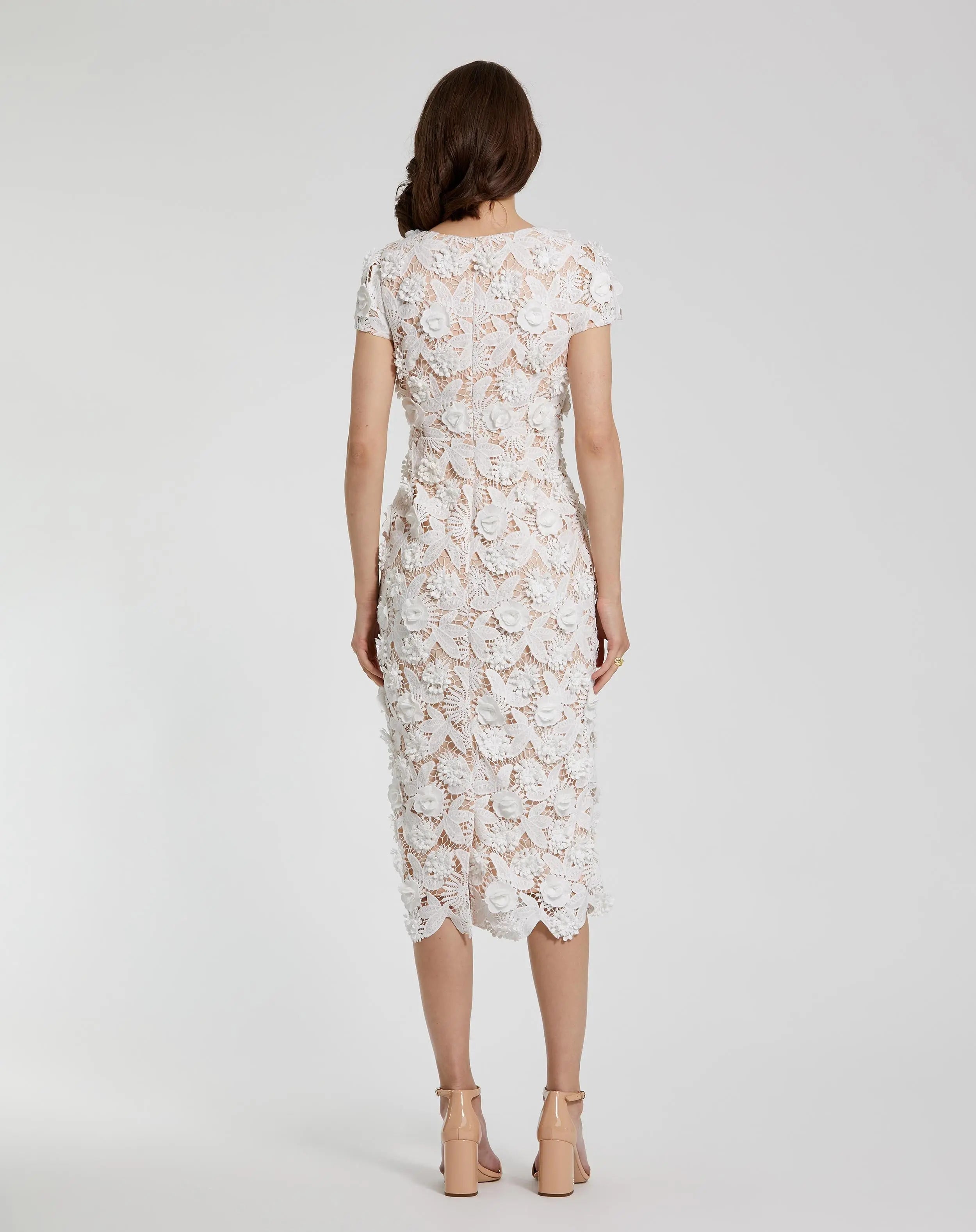 White and Beige Floral Lace Fitted Short Sleeve Midi Dress