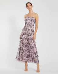 Purple Strapless Micro Ruffle Dress