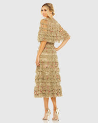 Green Floral Ruffle Midi Dress With Shawl
