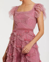 Pink Dot Net Sequin Ruffle Midi Dress
