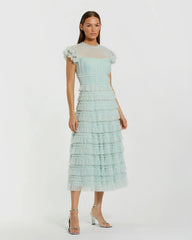 Ruffle High Neck Cap Sleeve Midi Dress