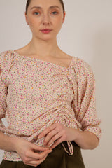 Ivory and pink floral double ruched long sleeved top