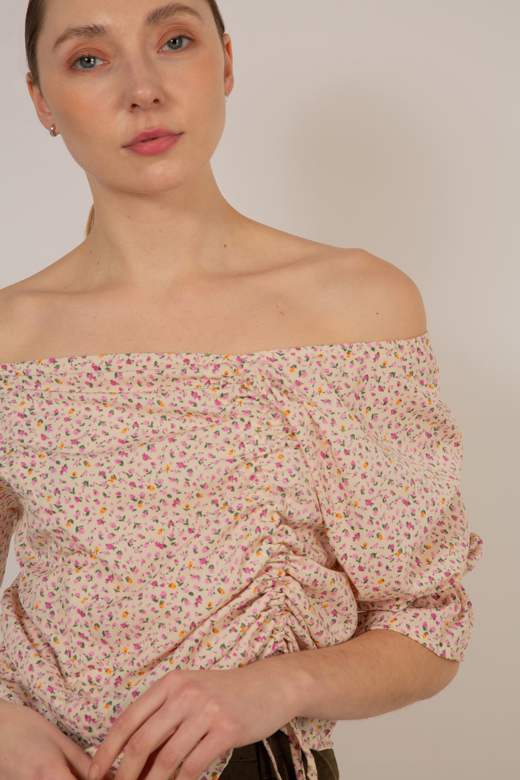 Ivory and pink floral double ruched long sleeved top