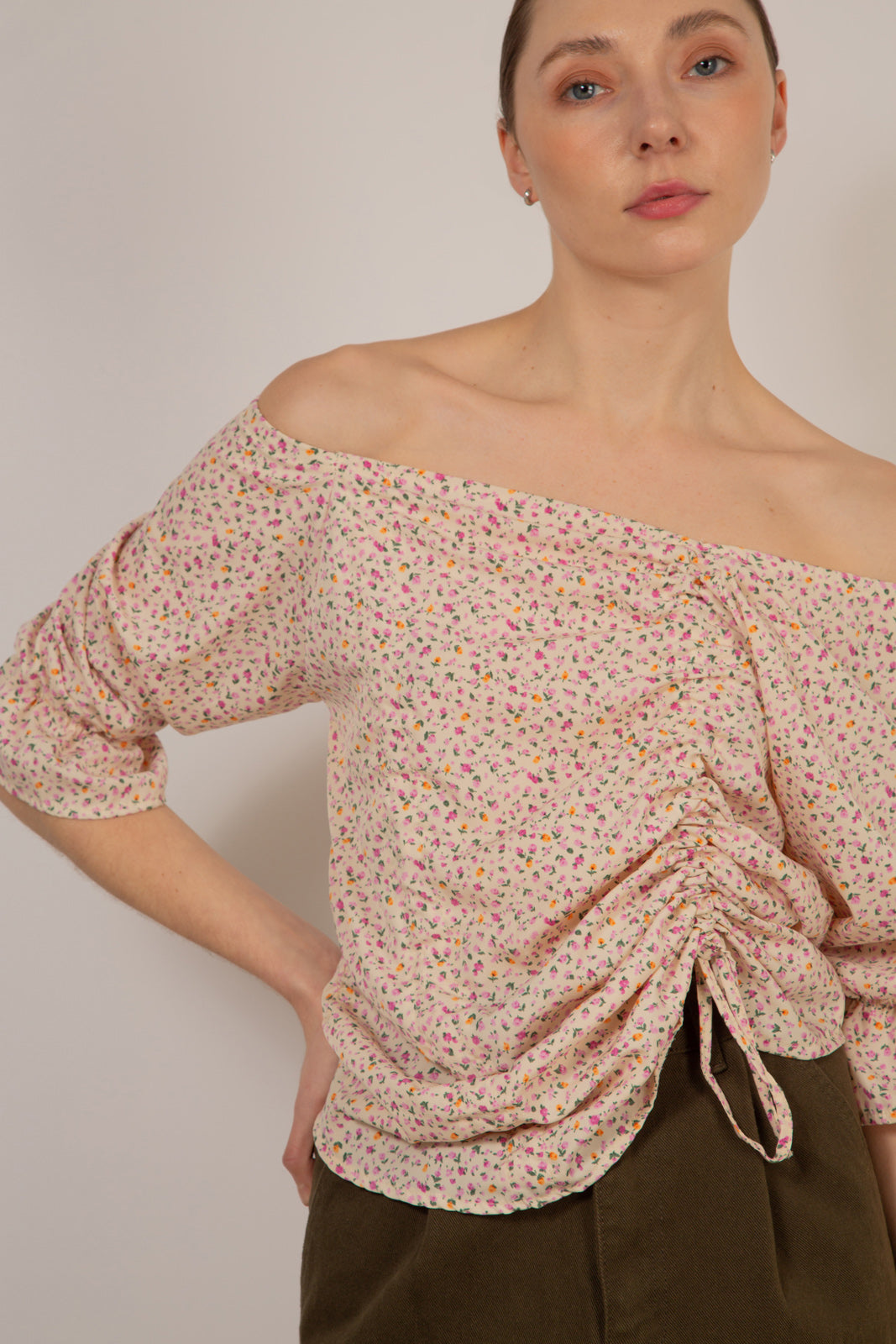 Ivory and pink floral double ruched long sleeved top