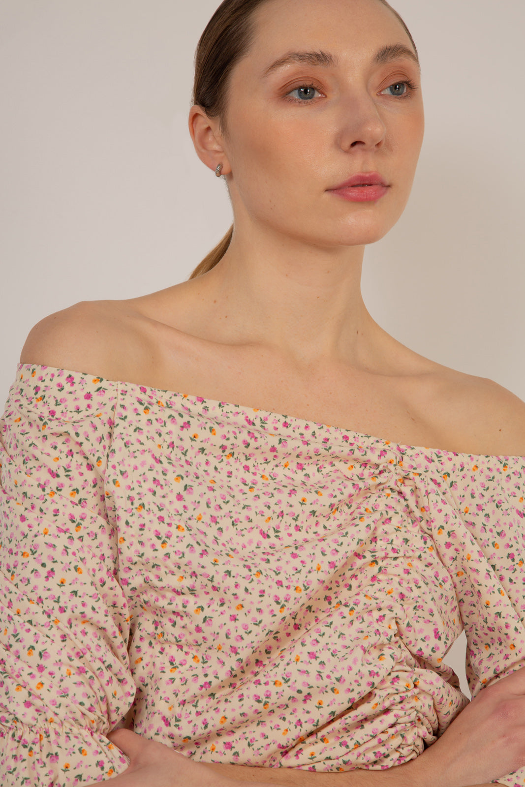 Ivory and pink floral double ruched long sleeved top