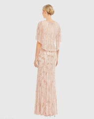 Pink Embellished Cap Sleeve Faux Wrap Trumpet Gown