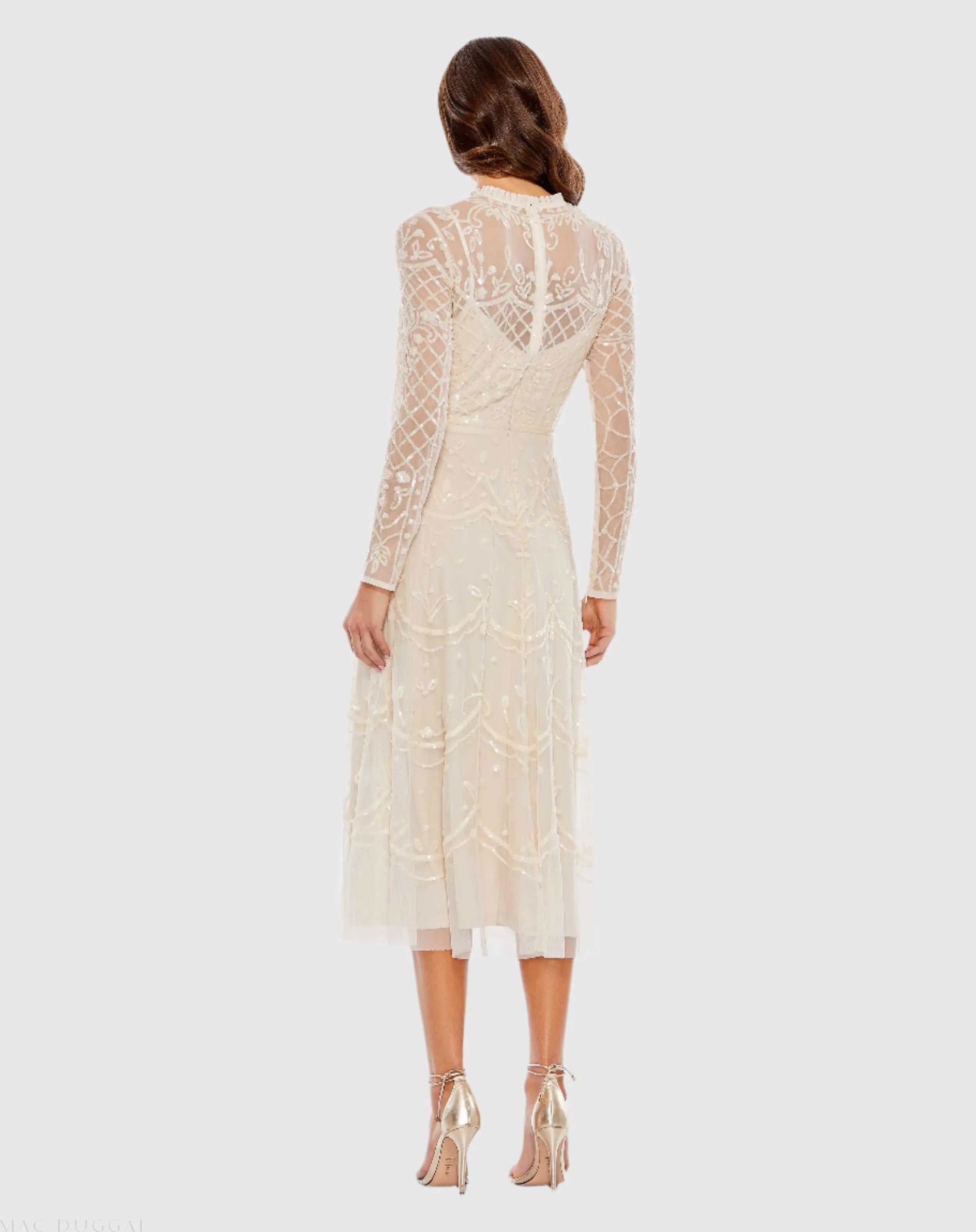 Nude Sequined Illusion High Neck Long Sleeve Midi Dress