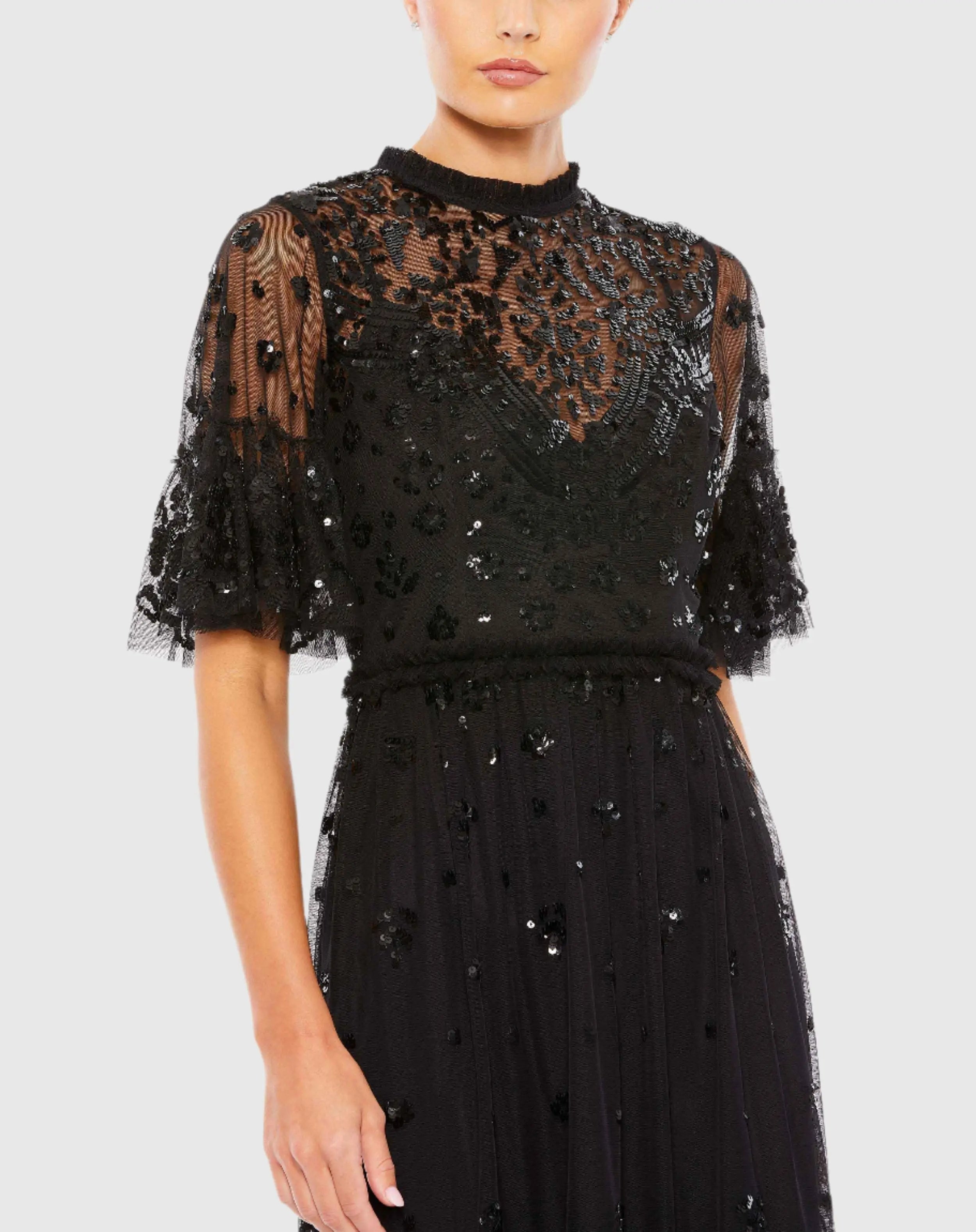 Black Embellished Illusion High Neck Mini Dress