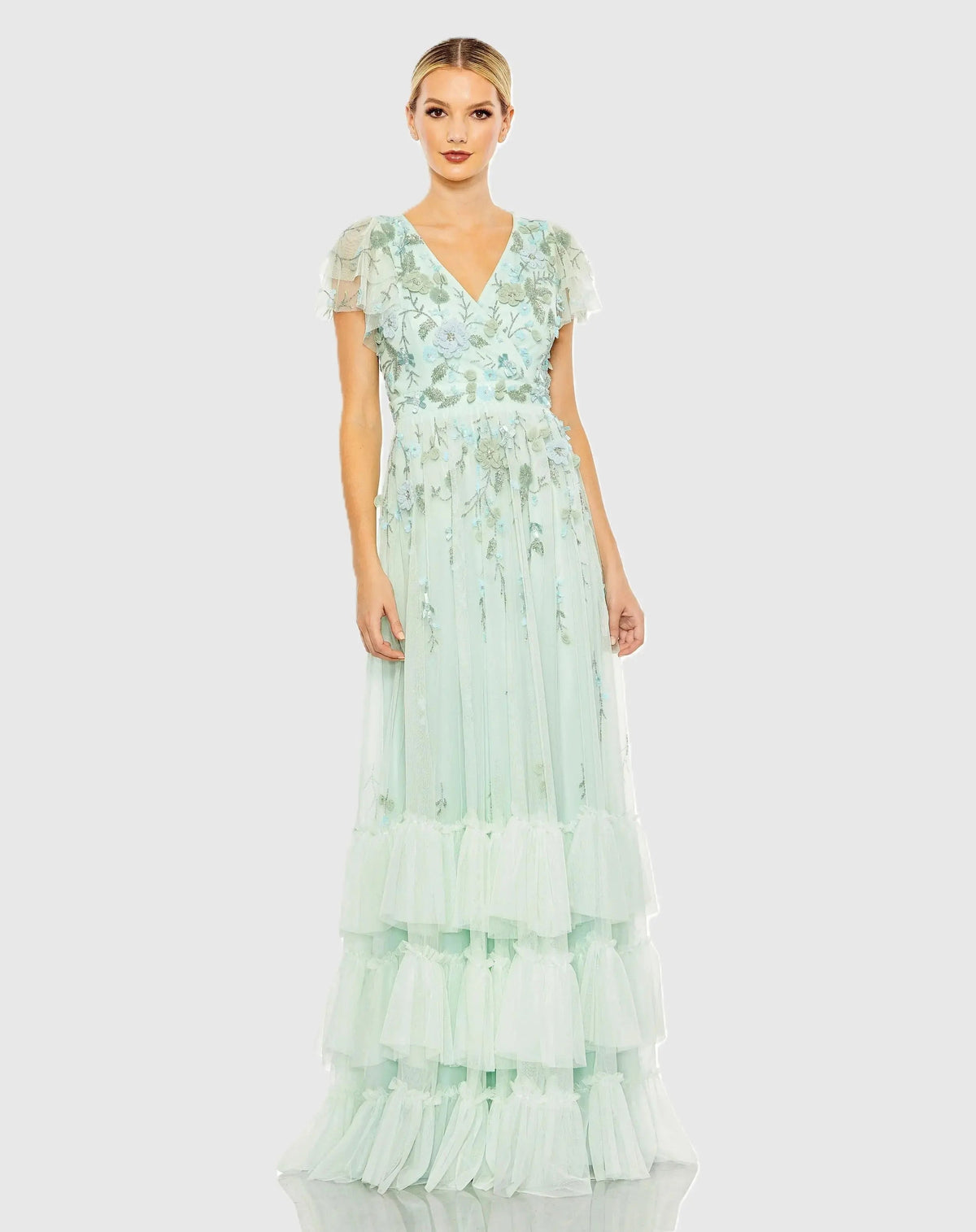 Ruffle Tiered Embellished Faux Wrap Flutter Sleeve Gown