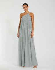 Green One Shoulder Embellished Trapeze A Line Gown