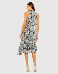 Black Floral High Neck Keyhole Ruffle Mini Dress