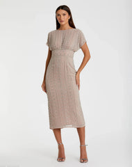 Beige Beaded Cap Sleeve Empire Waist Sheath Midi Dress