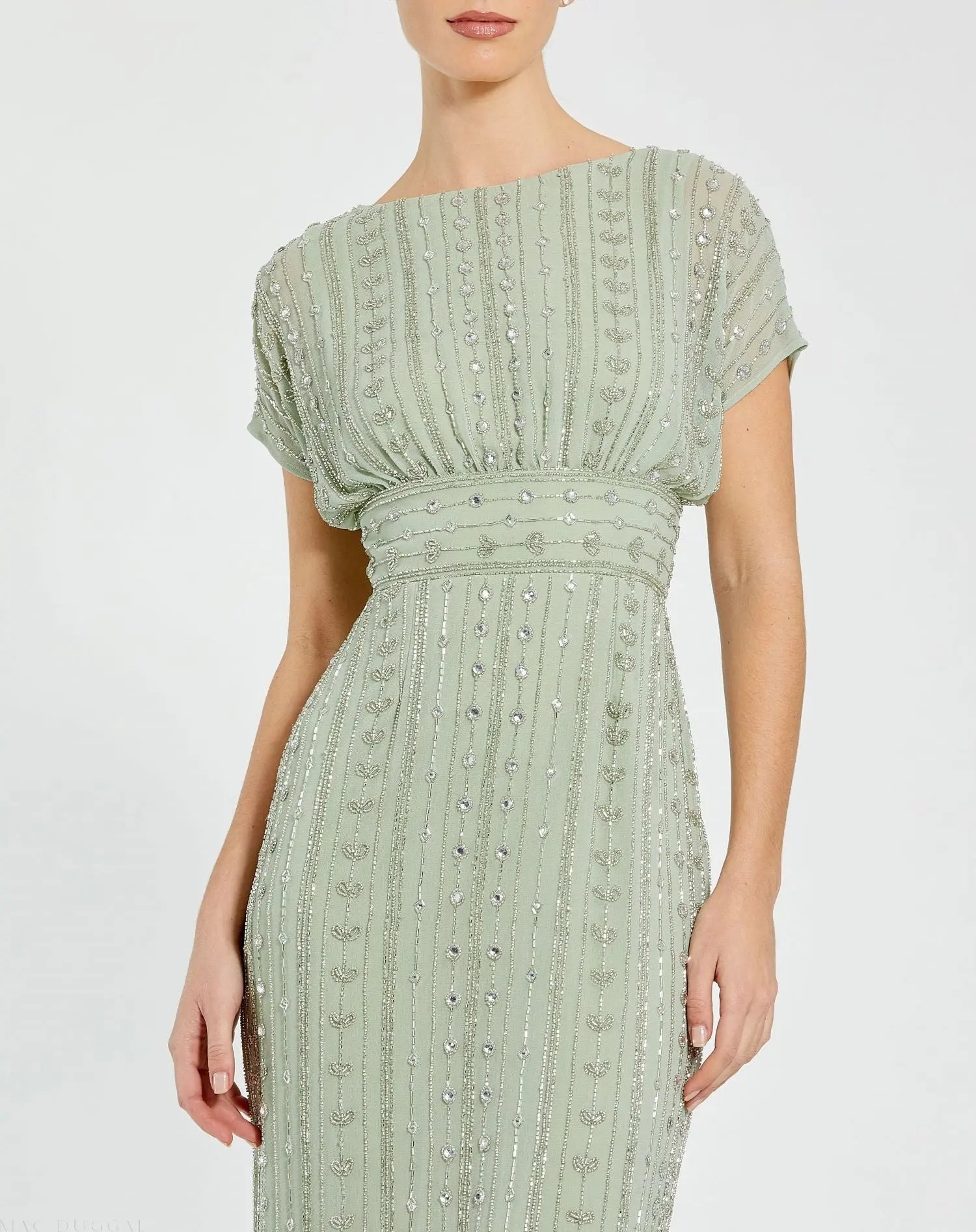 Green Beaded Cap Sleeve Empire Waist Sheath Midi Dress