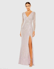 Purple Sequined Faux Wrap Long Sleeve Gown