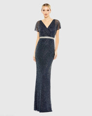 Navy Beaded Short Sleeve Column Gown