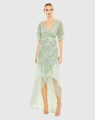 Sequined Butterfly Sleeve High Low Gown