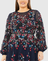 Navy Long Sleeve Beaded Cocktail Dress
