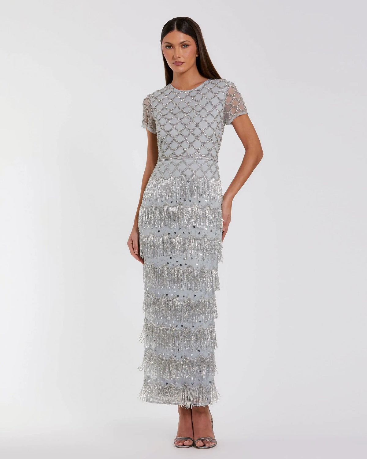 Blue Fringe Embellished Mesh Ankle Length Dress