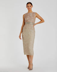 Nude Sleeveless High Neck Beaded Midi Sheath Dress
