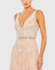Pink Sleeveless V-Neck Embellished Tulle Gown