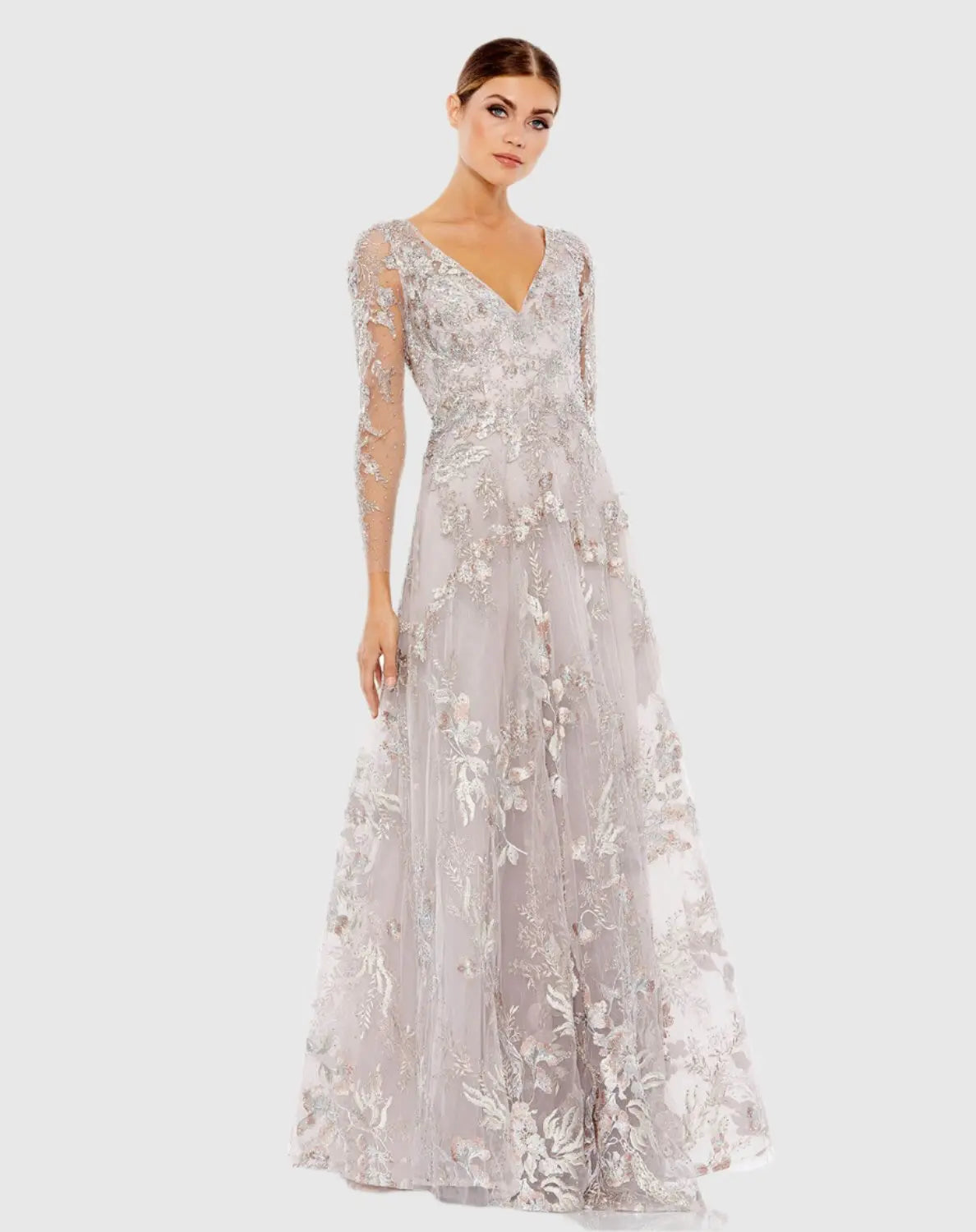 Purple Embroidered Illusion Long Sleeve A Line Gown