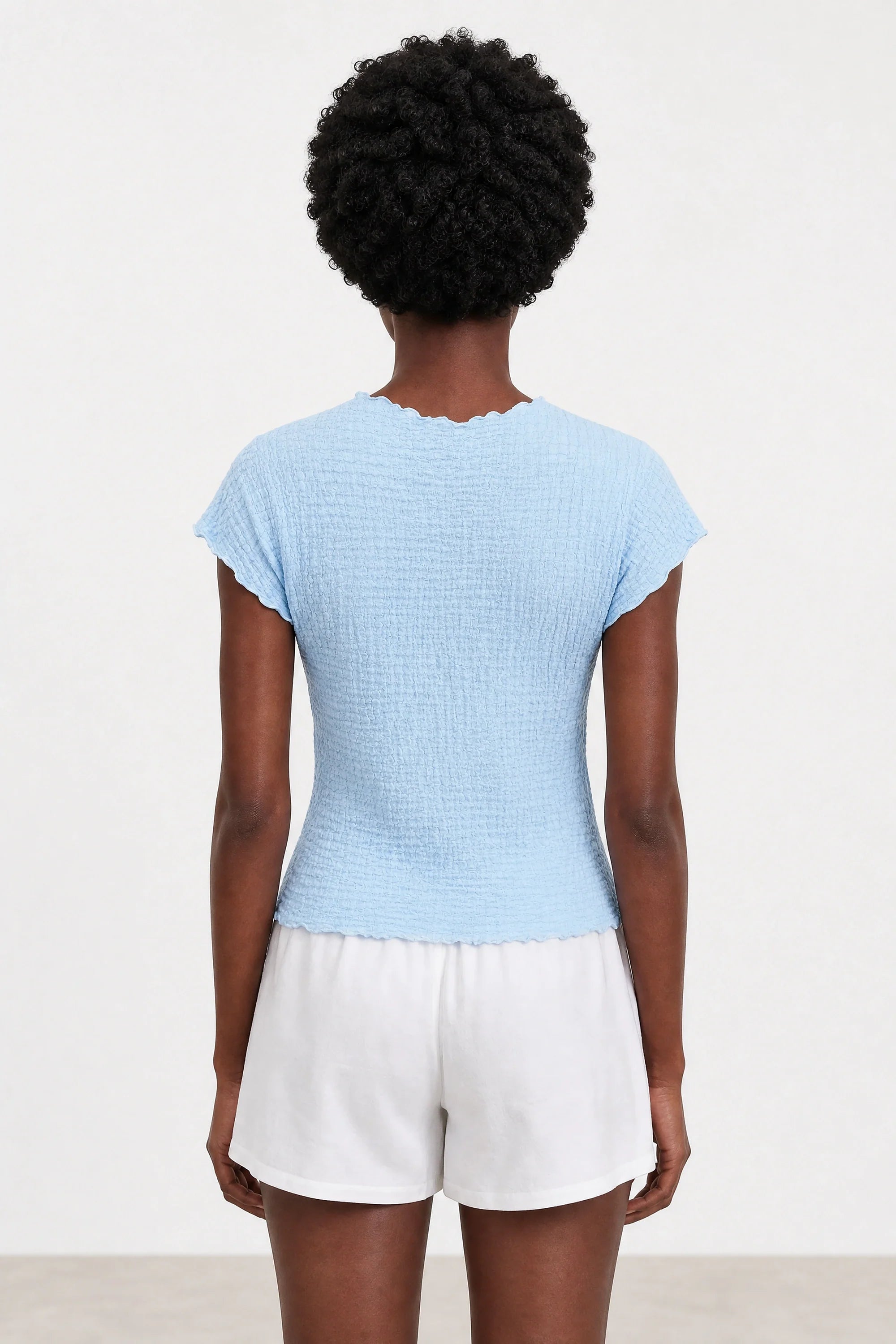 Baby blue bubble texture mock neck short sleeve top