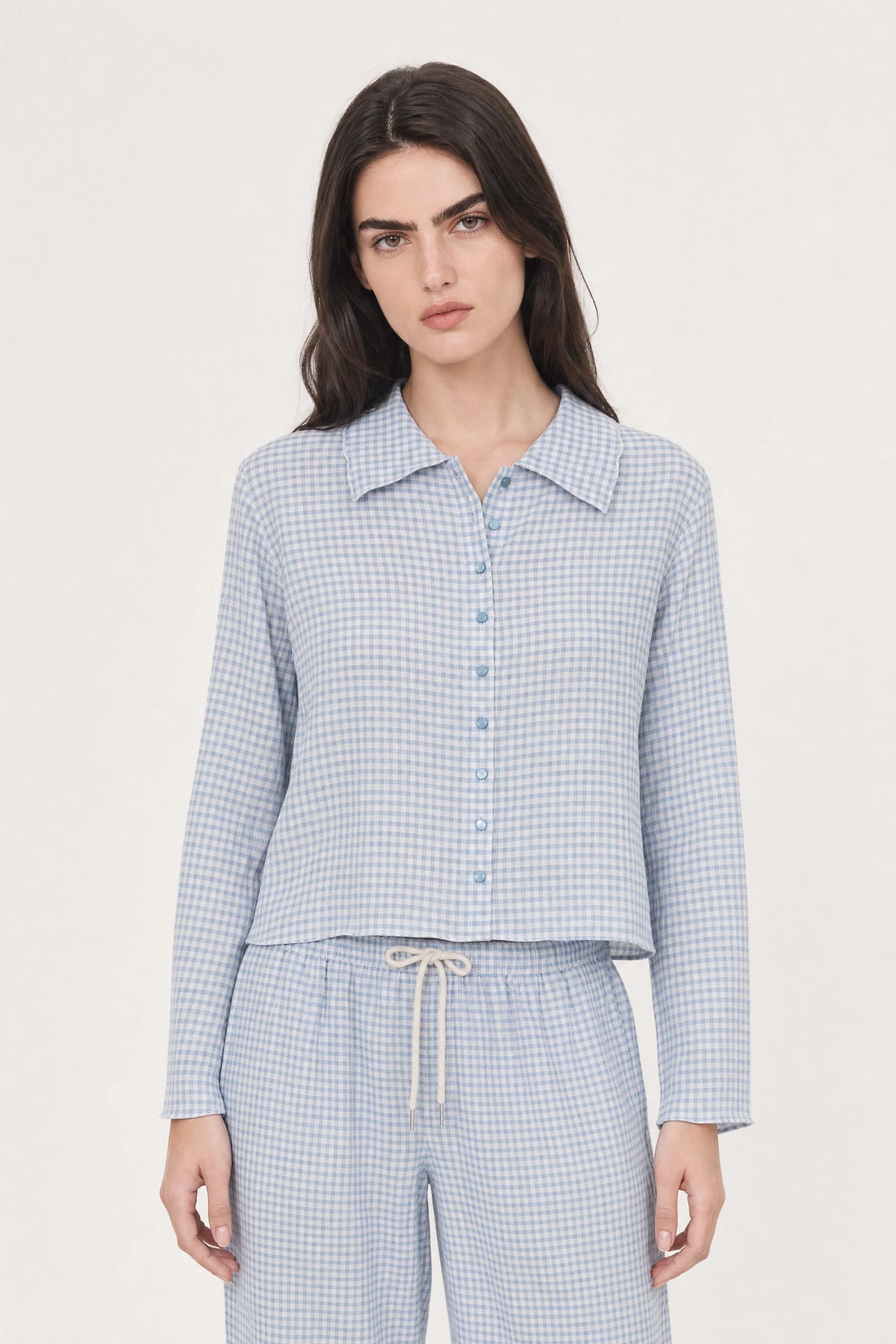 Baby blue gingham and blue trim button up top