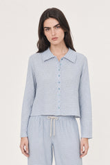 Baby blue gingham and blue trim button up top