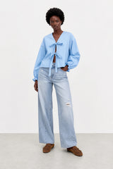 Baby blue pure cotton tie front blouse