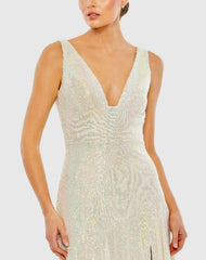Beige Sequin Asymmetrical Ruffle Tiered Gown