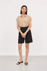 Beige gathered shoulder short sleeved shirt