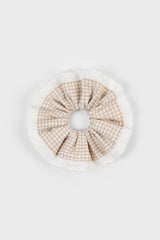 Beige gingham white eyelet trim scrunchie